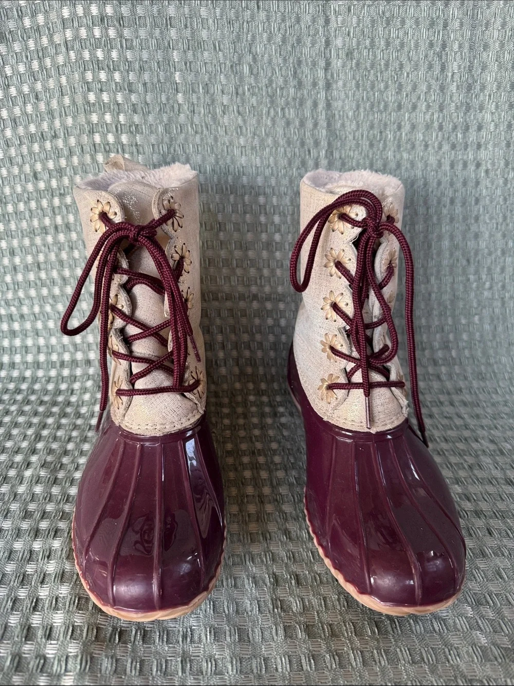 Jack Rogers Chloe Women's Burgundy and Cream Lace-Up Duck Boots Size 8